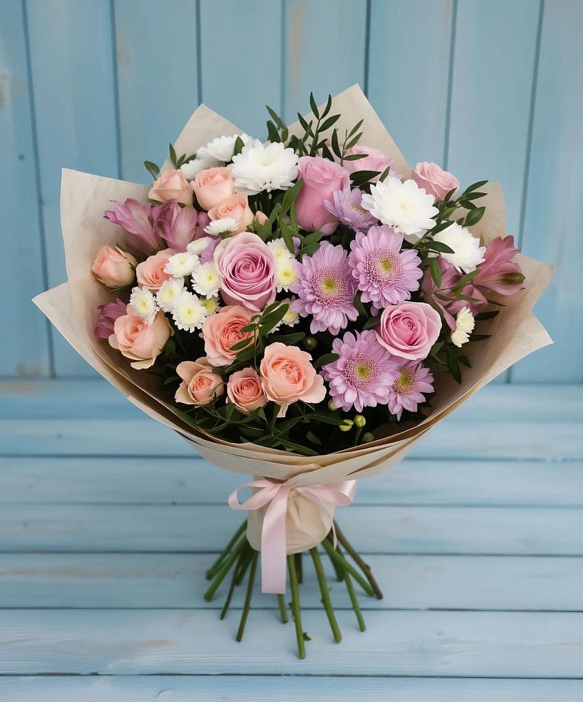 Букет цветов из: Хризантемы, Розы и Альстромерии в Бакчаре