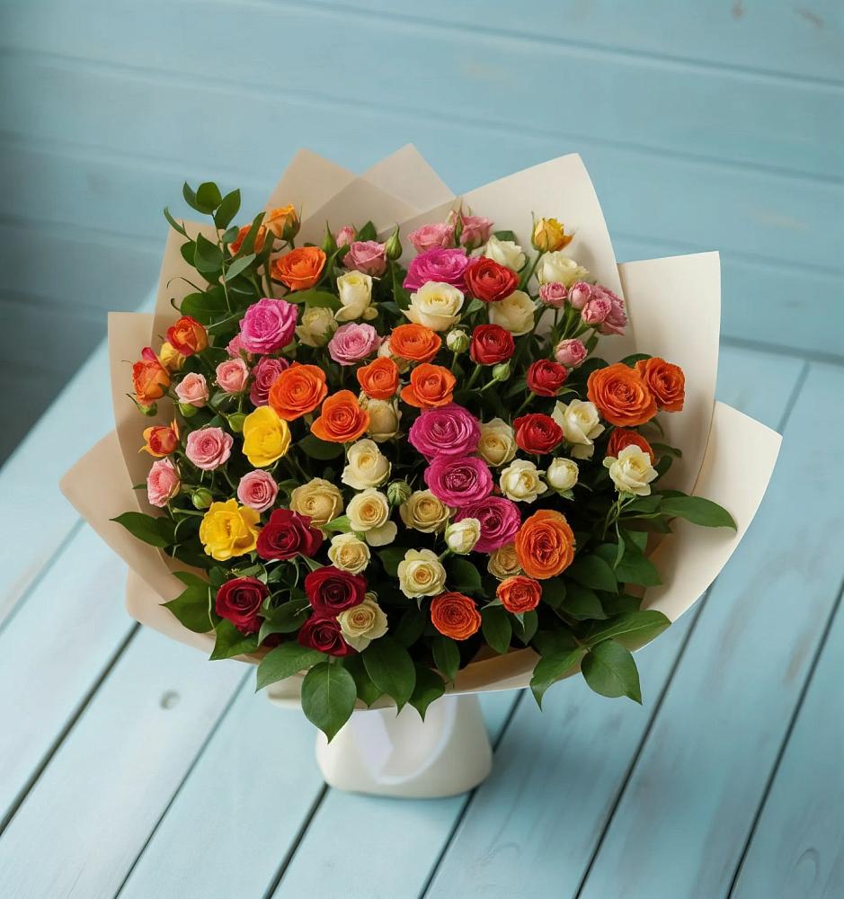 Букет Микс из разноцветных кустовых роз в Бакчаре