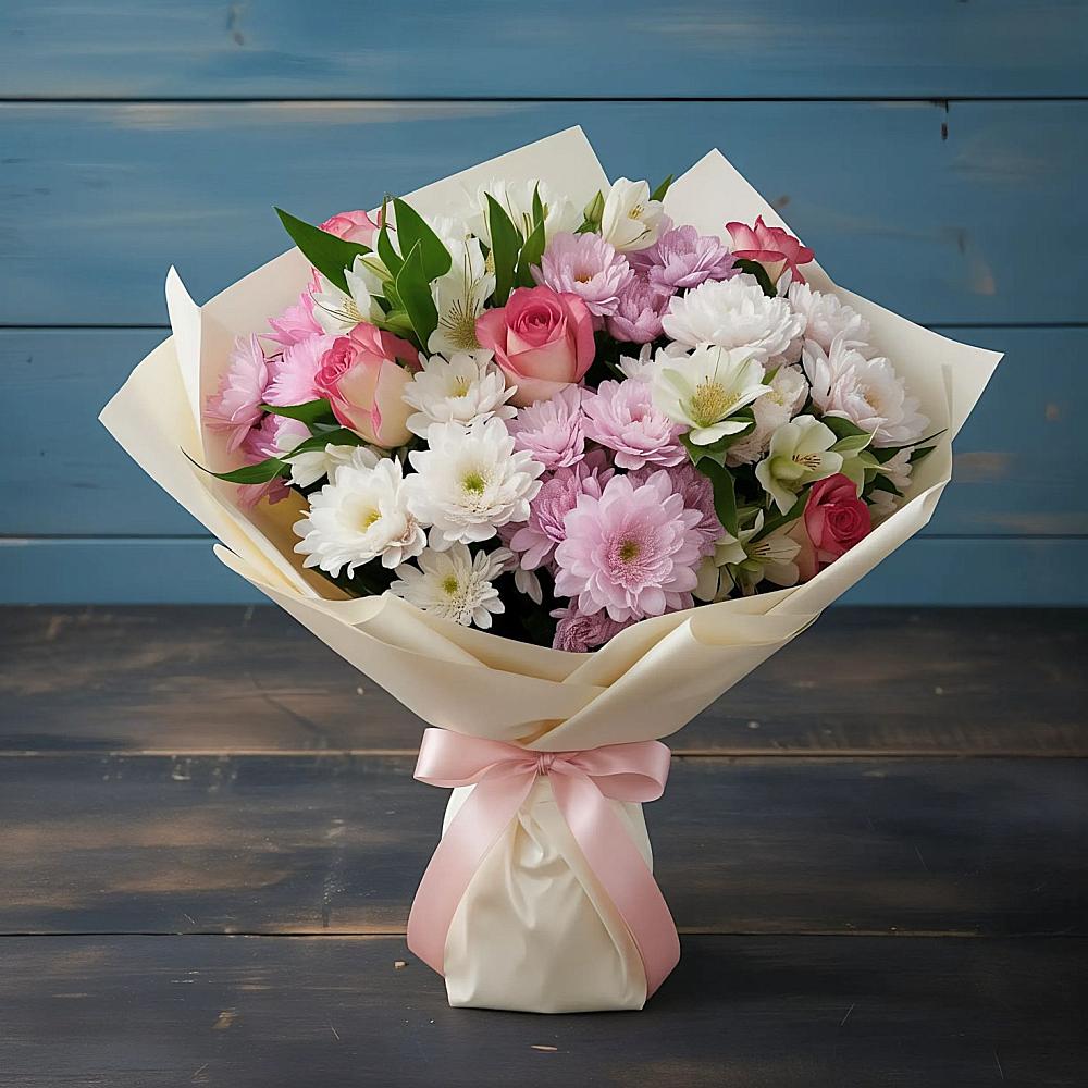 Букет цветов из: Хризантемы, Альстромерии и Розы в Бакчаре